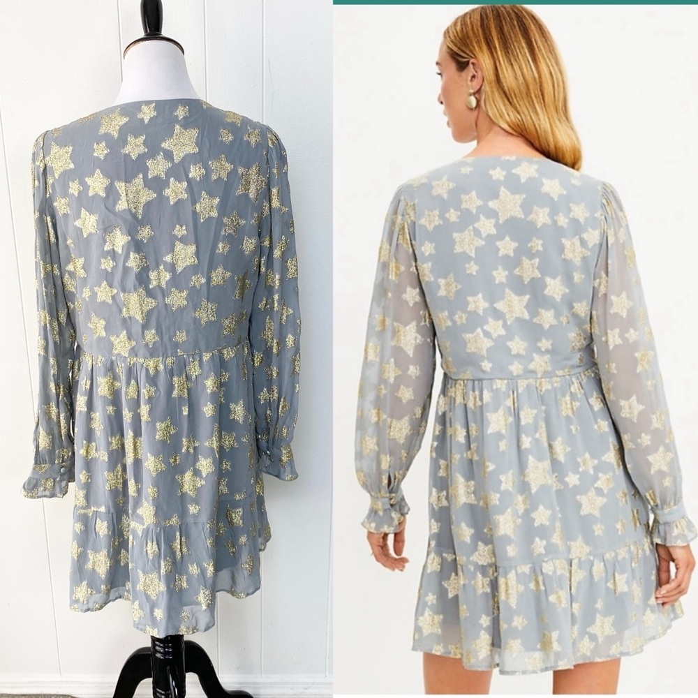LOFT Dress Womens Medium Gray Gold Star Print Metallic Tiered Long Sleeve Lined - Picture 2 of 11